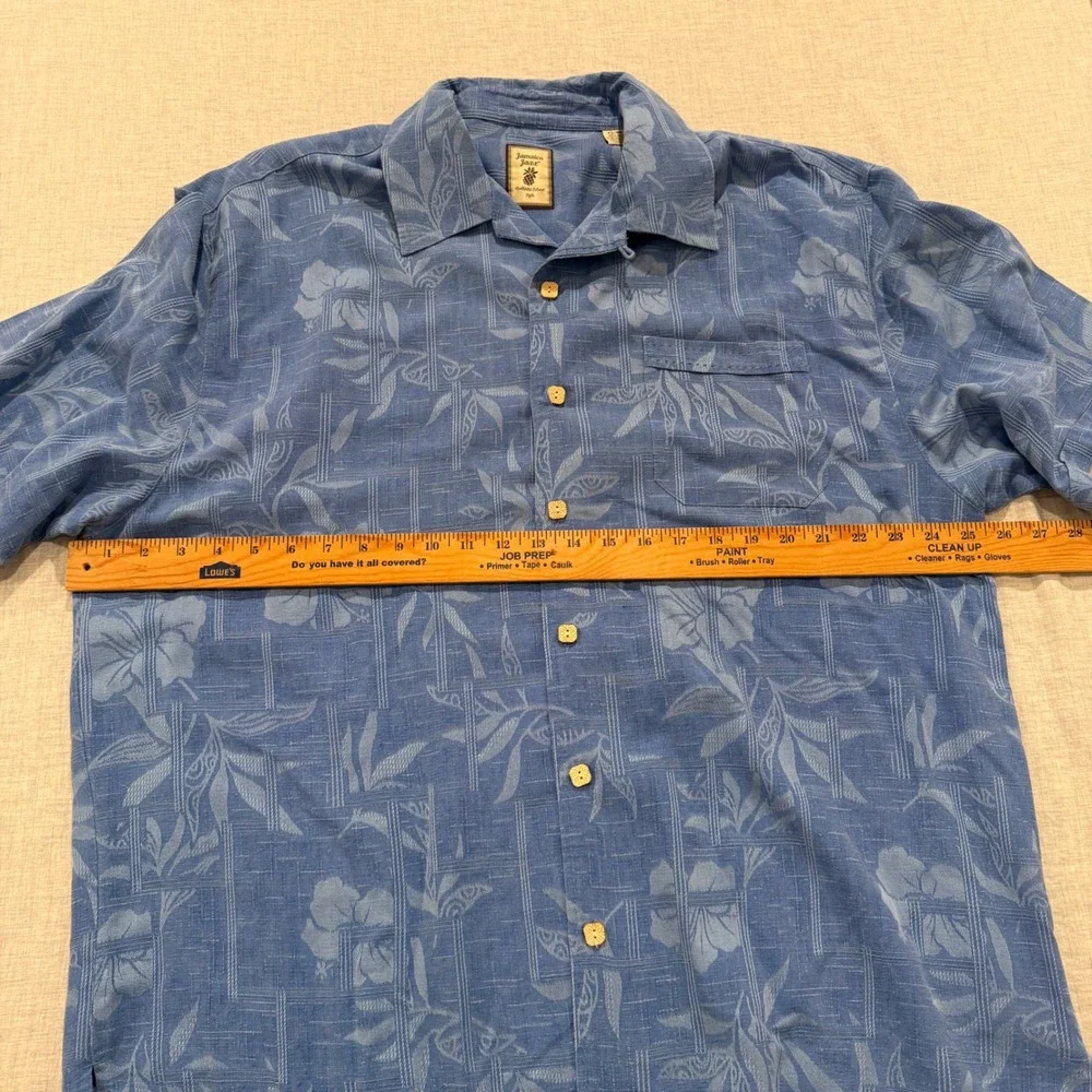 Jamaica Jaxx Mens XL Blue 100% Silk Jacquard Tropical Floral Camp Aloha Shirt
